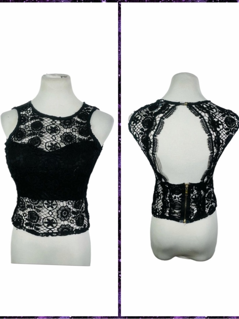 Star Blue Black Crochet Crop Top - M